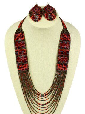 Mesa Bead 36" Necklace, Earrings Set RED GARNET and BRONZE